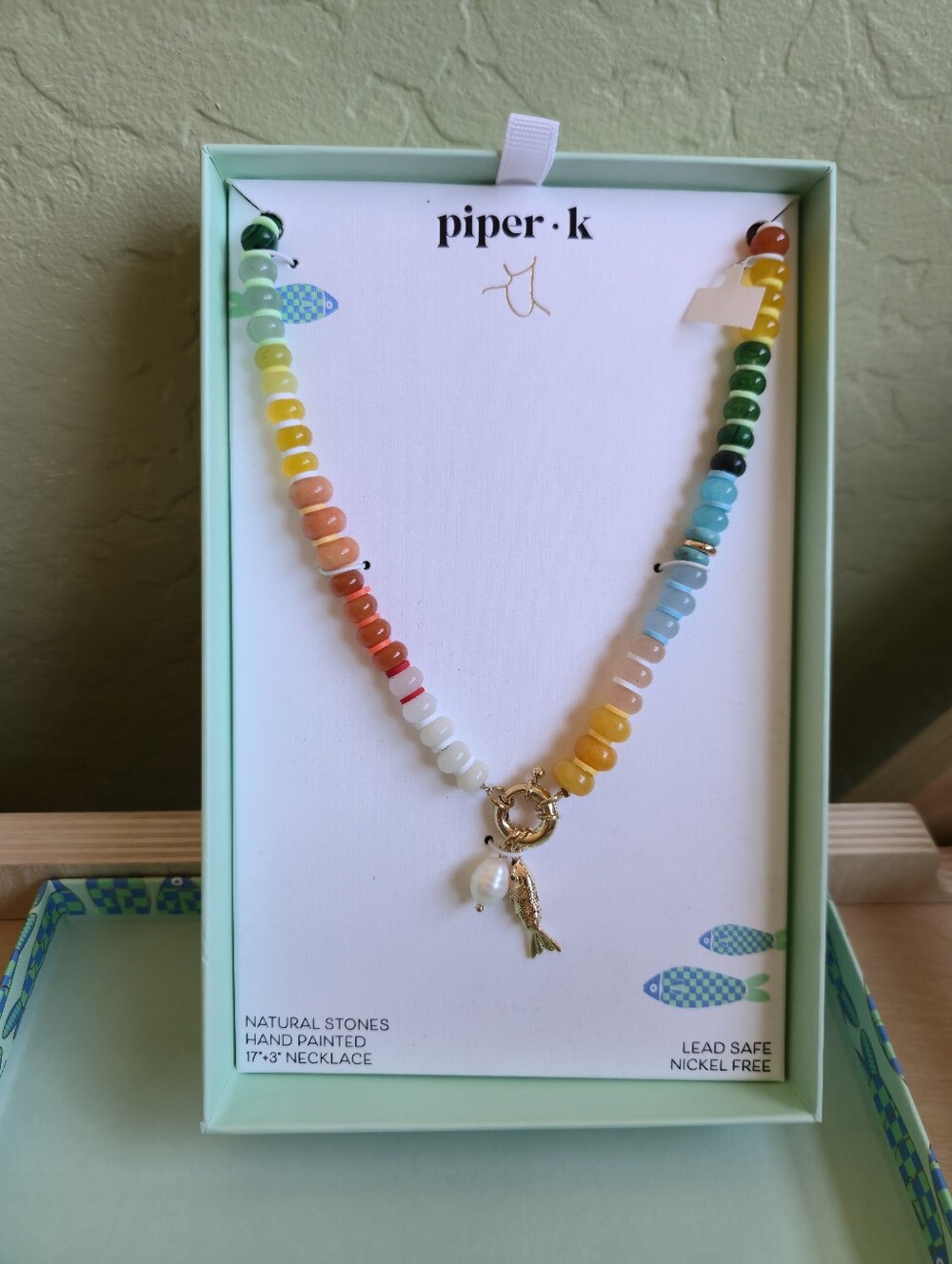 Piper•K Rainbow Beaded Necklace with Gold Fish Charm NWT